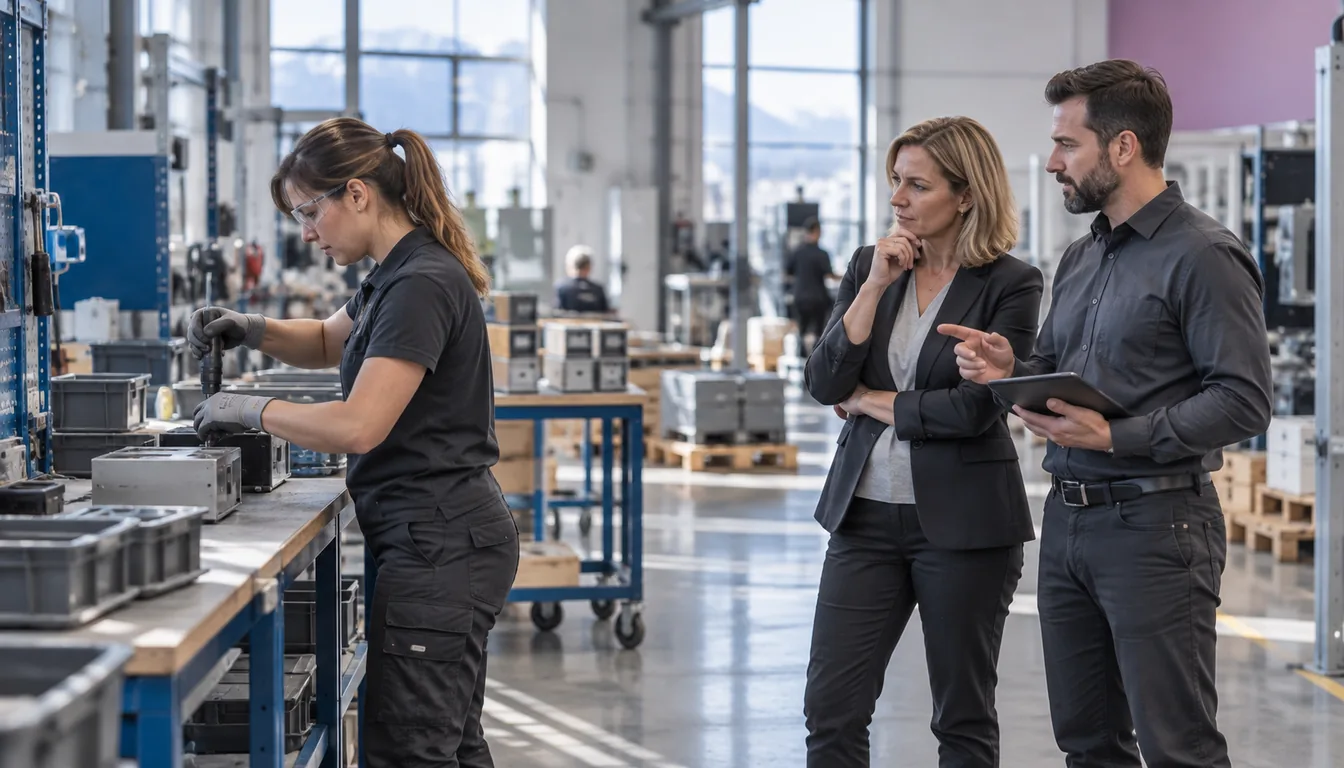 Responsable des ressources humaines et ergonome-conseil NovaFree observant un poste de travail en atelier