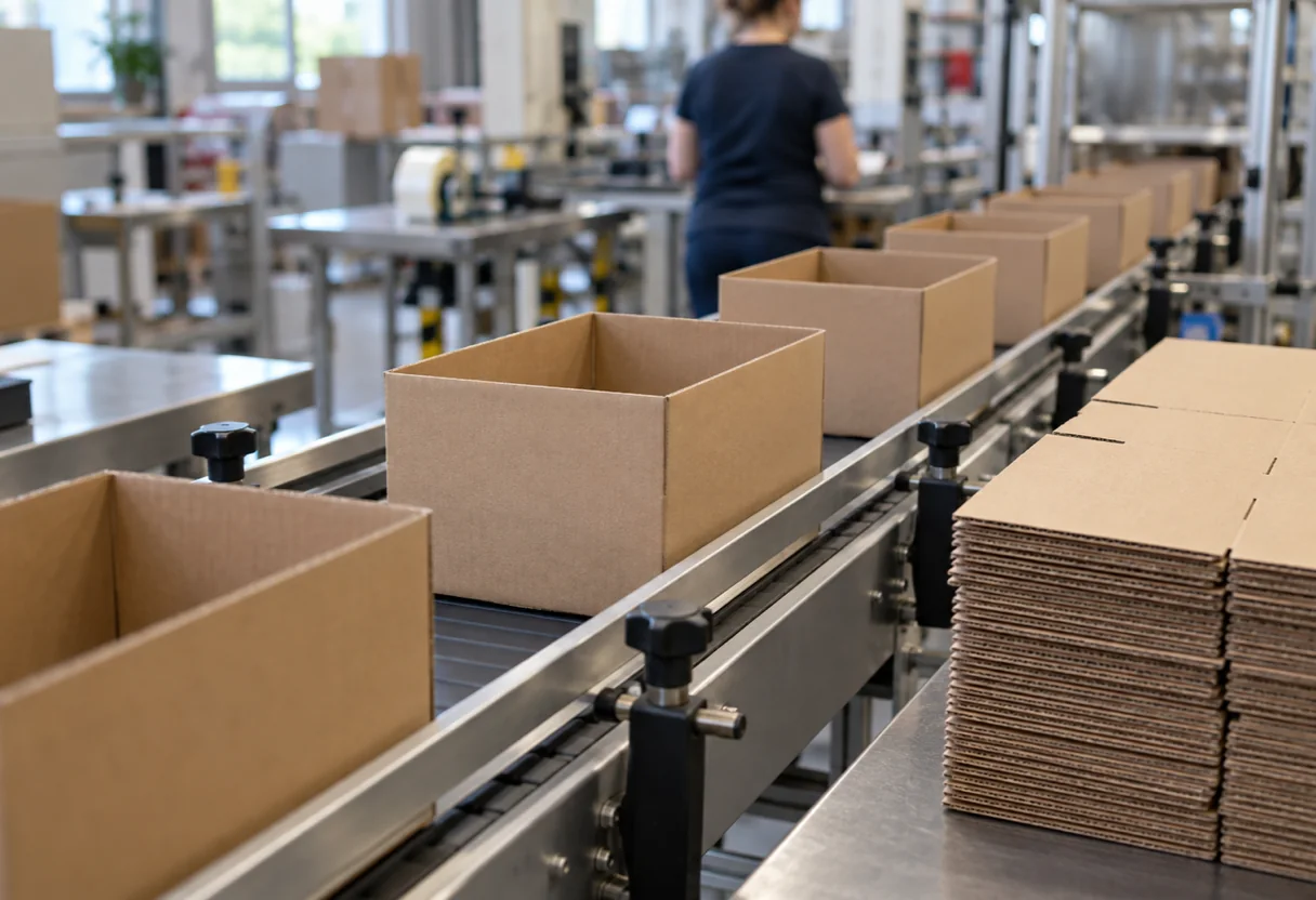 Substitution : le carton arrive déjà formé sur la ligne de conditionnement Cartons livrés déjà formés sur une ligne de conditionnement, le montage manuel a été supprimé