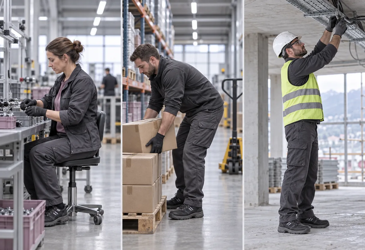 Trois postes de travail de secteurs différents vus côte à côte, chacun avec sa contrainte physique dominante