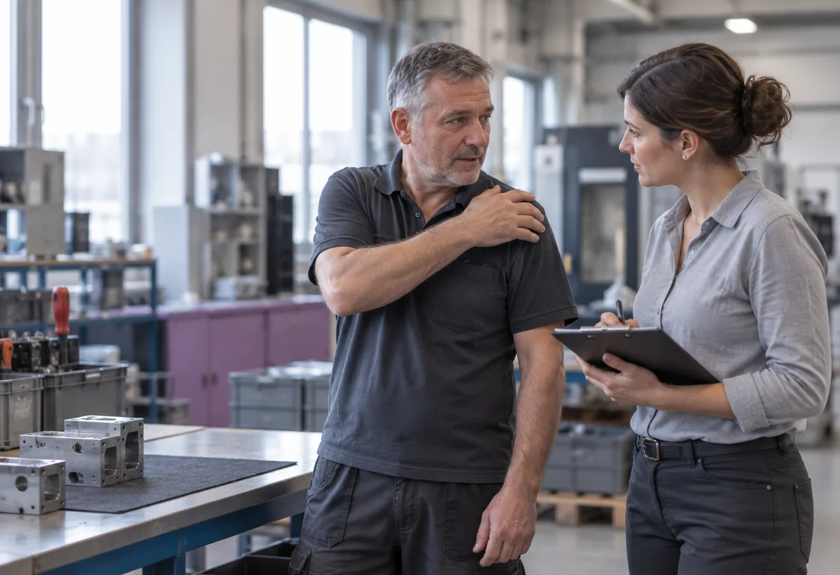Collaborateur en atelier montrant son épaule douloureuse à une ergonome-conseil, au poste de travail