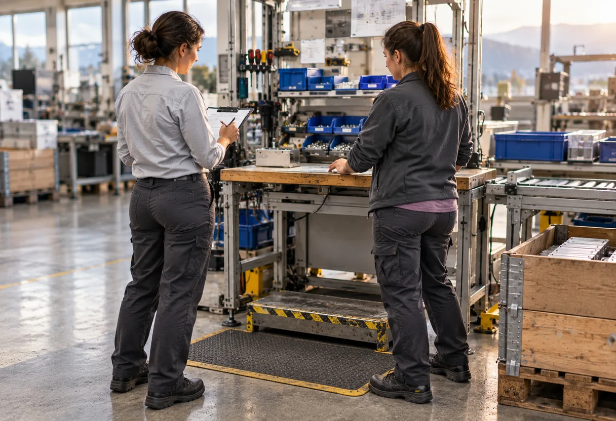 Vérification un an après : ce qui est resté au poste (NovaFree) Conseillère en ergonomie et opératrice observant une situation de travail aménagée un an après l'intervention, dans un atelier suisse