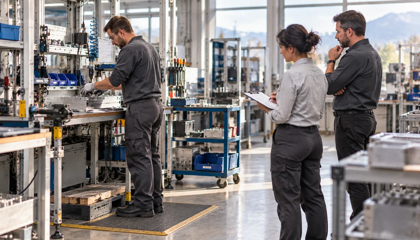 Accompagnement ergonomique au poste de travail (NovaFree) Deux intervenants observent un opérateur à son poste dans un atelier de production