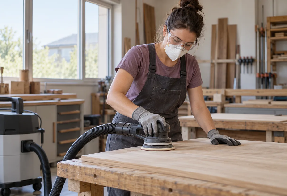 Menuisière ponçant un panneau de bois avec une ponceuse reliée à un aspirateur, masque et lunettes, l'air de l'atelier dégagé