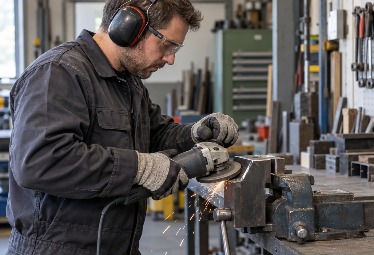 Ouvrier meulant une pièce métallique fixée dans un étau, casque antibruit, lunettes et gants, dans un atelier