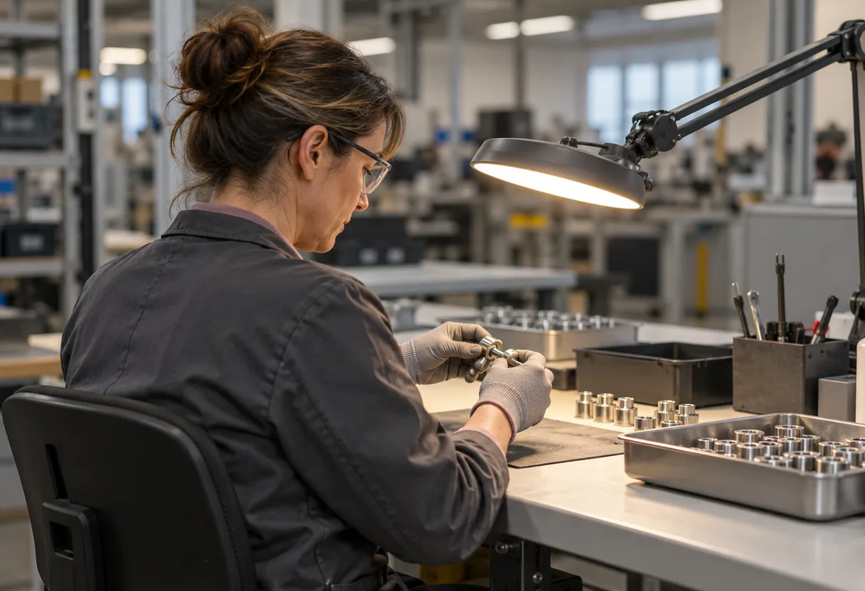 Monteuse avec lunettes et gants examinant une petite pièce à son établi, une lampe de poste articulée orientée sur son plan de travail, dans un atelier clair