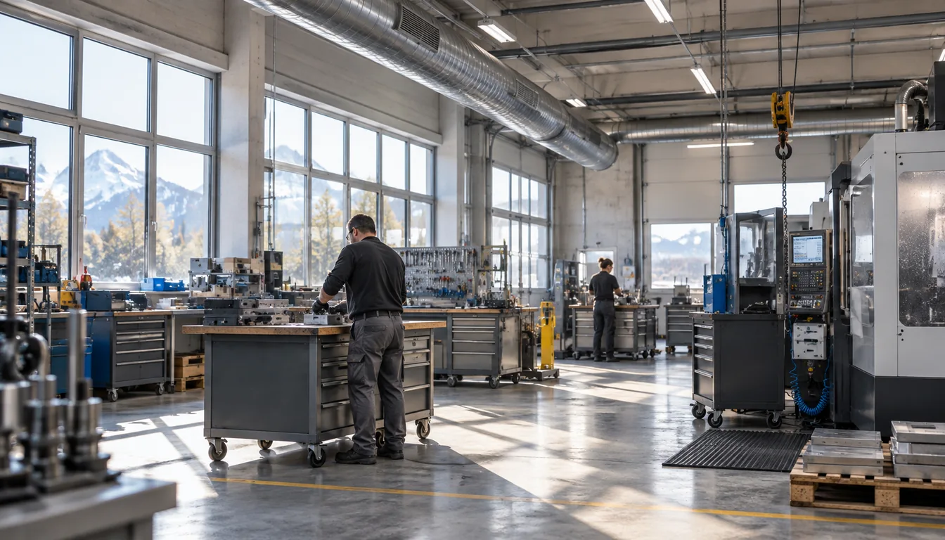 Vue large d'un atelier suisse avec fenêtres hautes, éclairage de plafond, gaine de ventilation et machine en marche