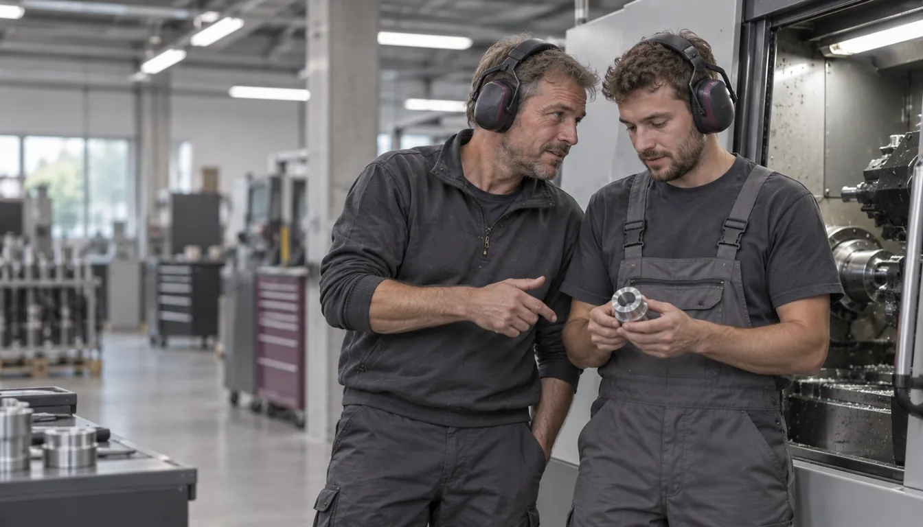 Bruit au travail : on se rapproche pour se faire entendre (NovaFree) Deux collaborateurs penchés l'un vers l'autre pour se parler à côté d'une machine en marche