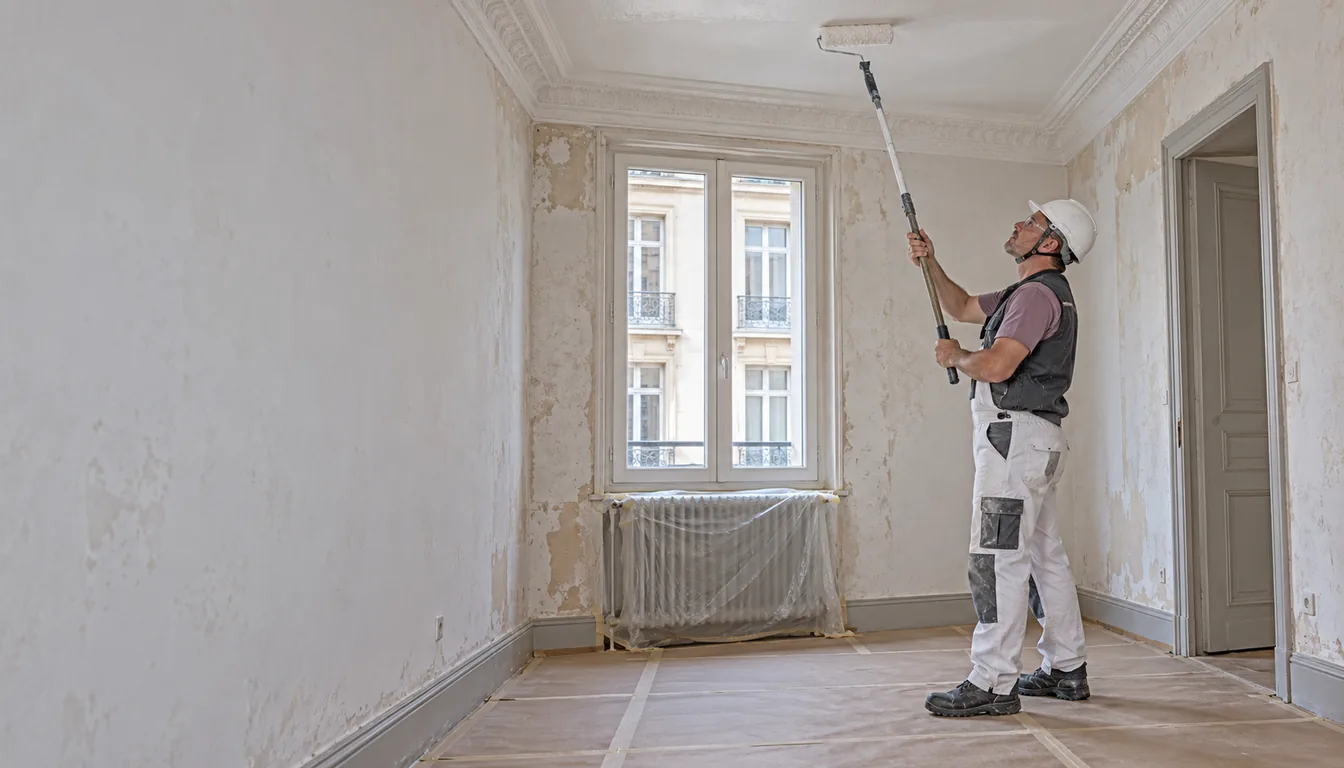 Cervicalgie professionnelle : travail tête en extension sous une structure (NovaFree) Peintre vu de profil, tête renversée en arrière, appliquant un rouleau sur un plafond