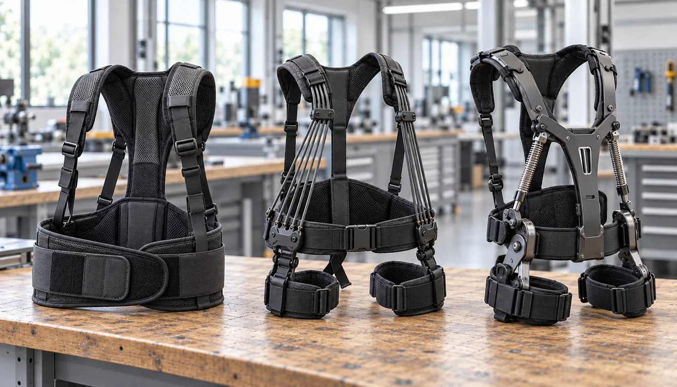 Comparatif d'exosquelettes : trois modèles, un seul poste (NovaFree) Trois dispositifs d'assistance posés côte à côte devant un poste de travail en atelier