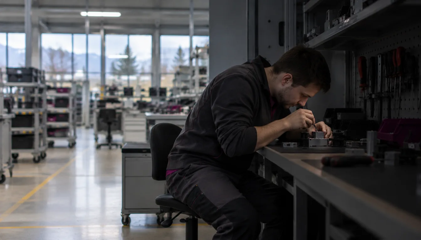 Éclairage du poste de travail : quand la lumière manque, le corps se rapproche (NovaFree) Établi d'atelier dans l'ombre, un opérateur penché tout près de son ouvrage pour le voir
