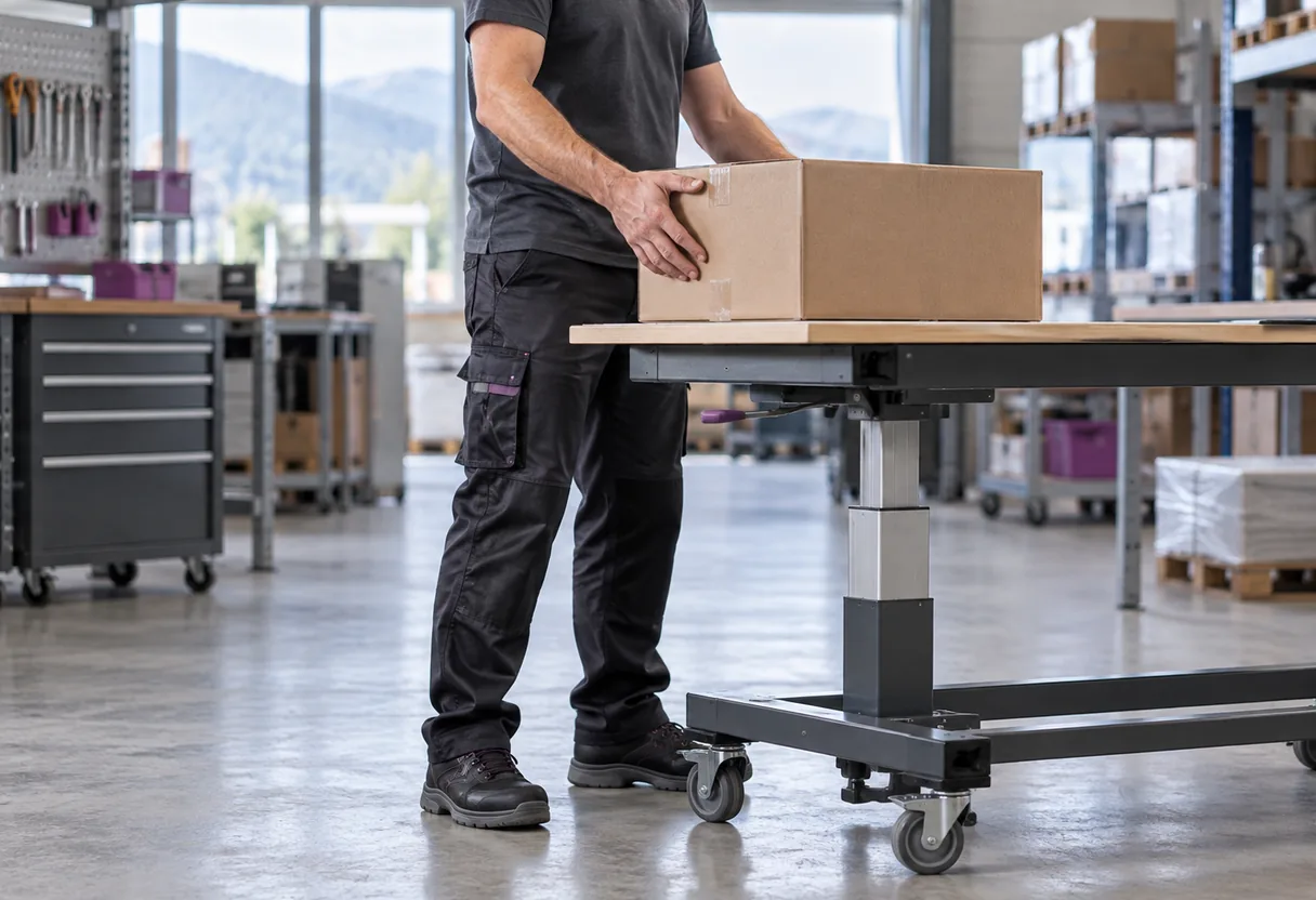 La hauteur de prise, premier facteur relevé sur un poste de manutention Mains qui saisissent une caisse posée au niveau du bassin sur un support à hauteur réglable