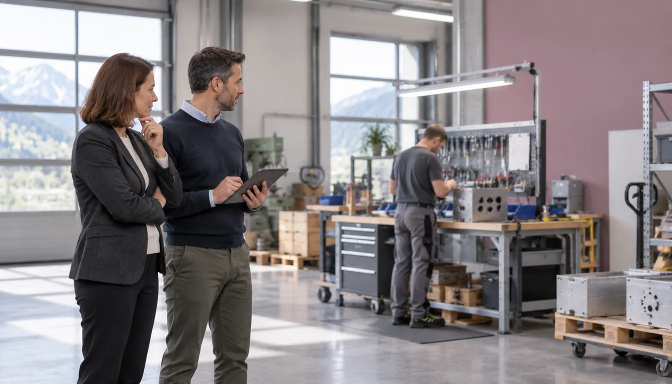 Responsable des ressources humaines et conseiller en ergonomie observant un poste d'atelier