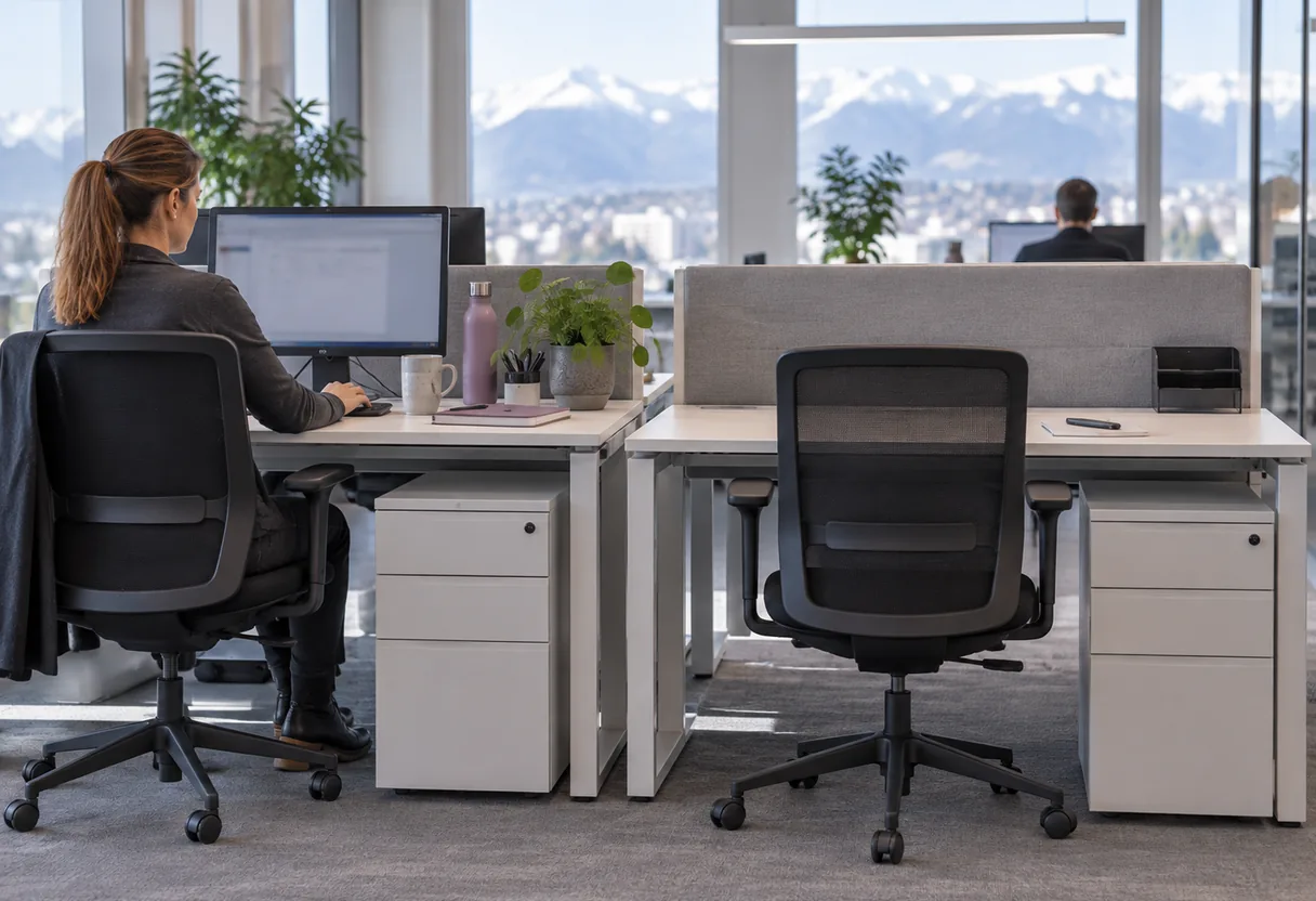 Deux postes à écran identiques : seule la durée d'occupation les sépare Deux bureaux voisins de même hauteur et de même siège, l'un occupé toute la journée, l'autre partagé