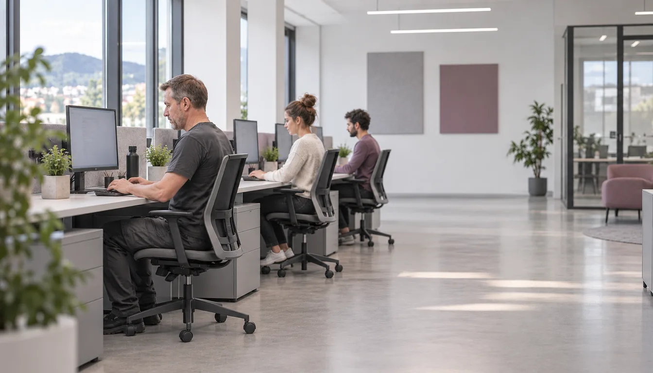 Ergonomie bureau : un parc de postes à écran avant un poste isolé (NovaFree) Rangée de postes à écran identiques dans un bureau suisse, occupés par des personnes de gabarits différents