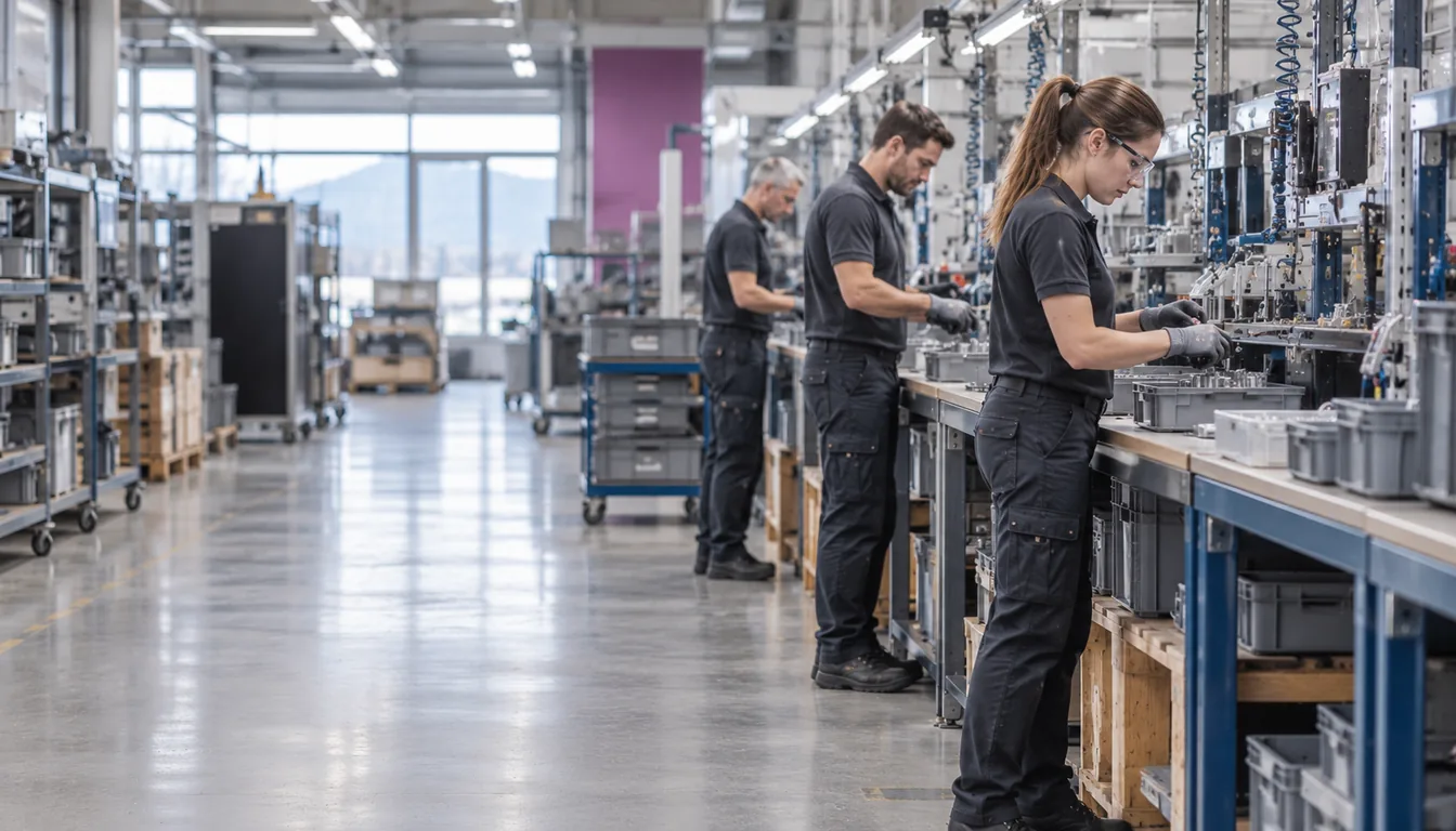 Ergonomie du poste industriel : la méthode avant le matériel (NovaFree) Trois opérateurs debout à des établis de hauteur fixe sur une ligne d'assemblage suisse