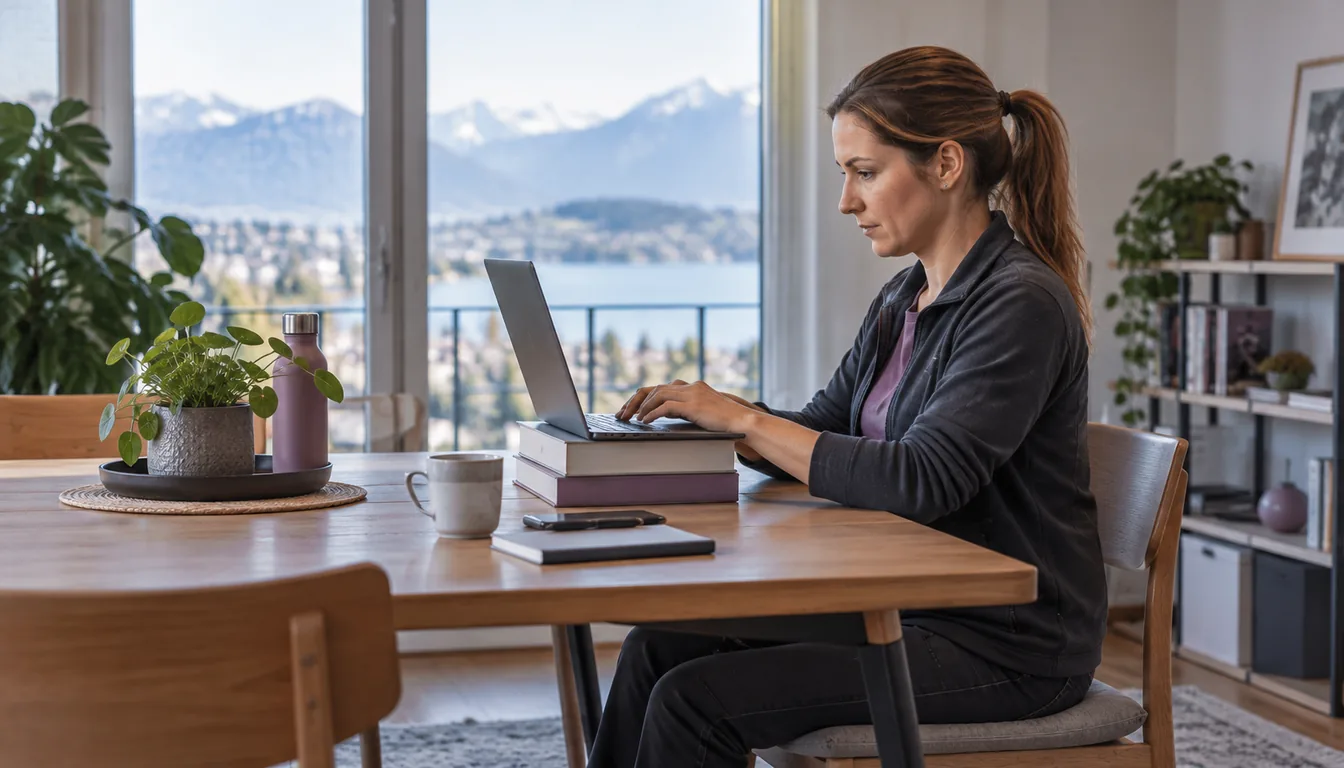 Ergonomie télétravail : le poste que l'employeur ne voit jamais (NovaFree) Personne travaillant sur un ordinateur portable posé sur des livres, à une table de salle à manger