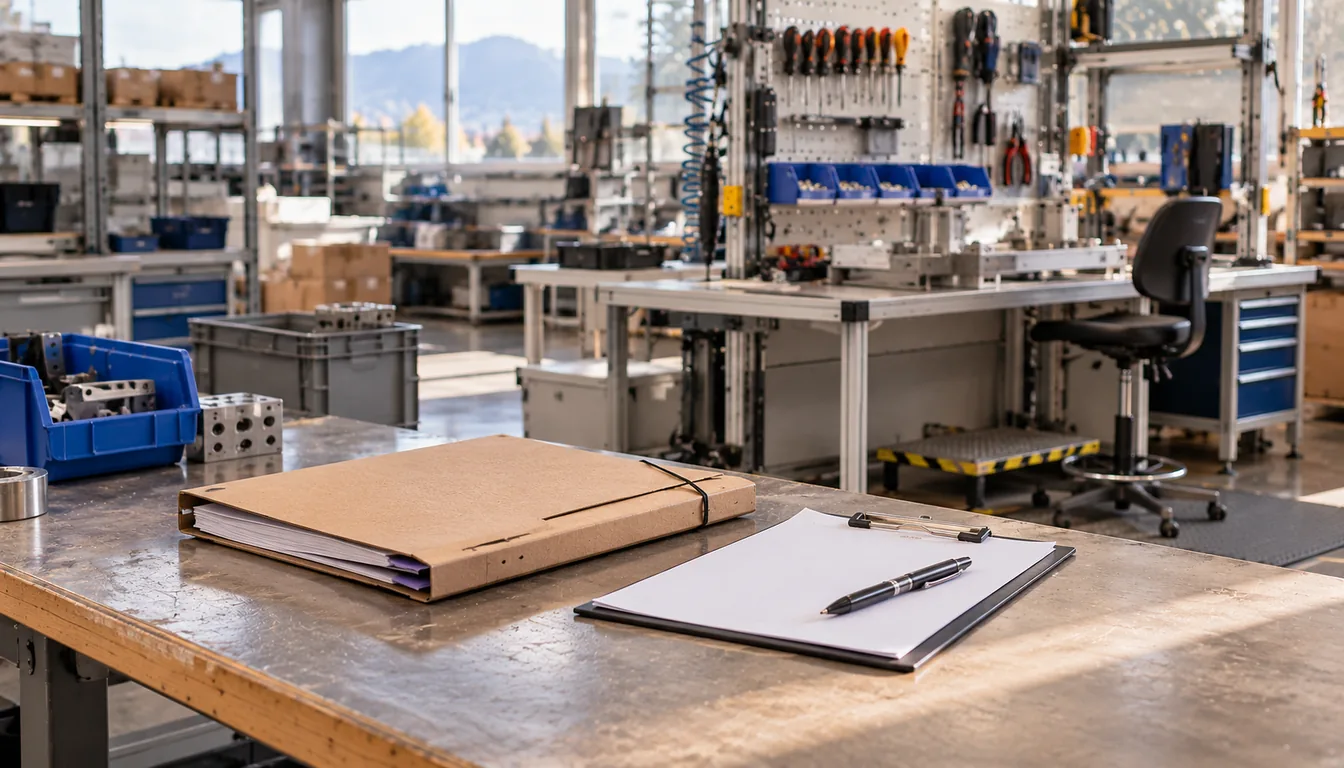 Dossier de relevés et planchette posés sur un établi, à côté d'un poste de travail