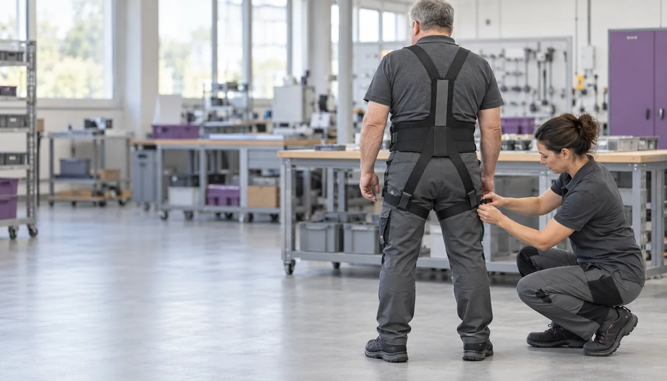 Réglage d'un exosquelette sur la morphologie d'un opérateur, en atelier (NovaFree) Deux personnes de dos et de profil ajustant les sangles de cuisses d'une structure dorsale portée