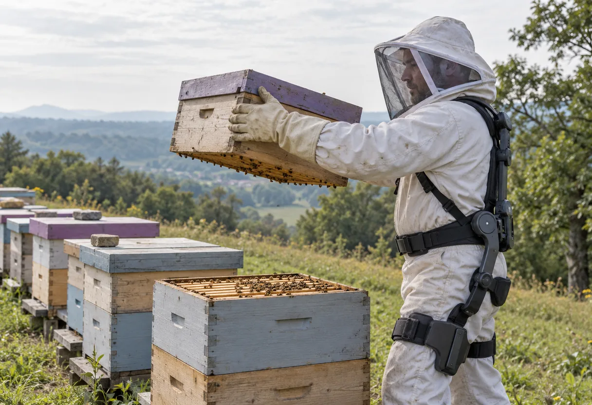 Apiculture : la hausse levée à bout de bras, loin du corps Apiculteur en combinaison complète, voile et gants, équipé d'un exosquelette de dos, levant une hausse de ruche à bout de bras devant un rucher de coteau
