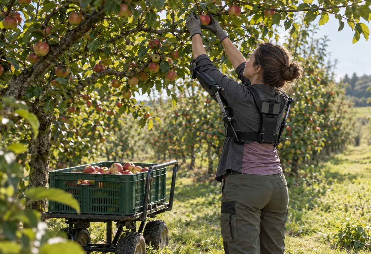 Arboriculture : la cueillette bras levés, le cas d'usage le plus net Cueilleuse équipée d'un exosquelette d'épaules, les deux bras levés au-dessus des épaules pour détacher un fruit dans un verger basse-tige