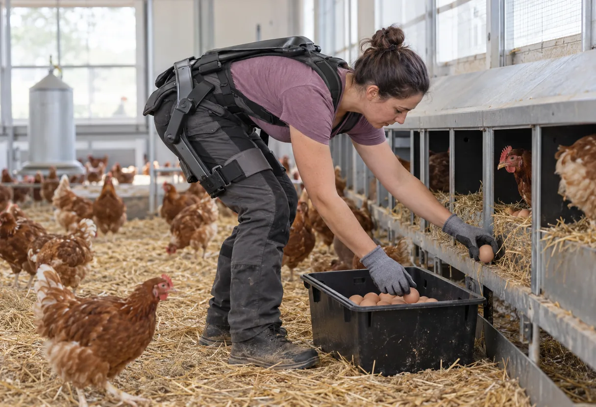 Aviculture : le ramassage aux pondoirs, penché des heures Éleveuse de volailles équipée d'un exosquelette de dos, penchée pour relever un œuf dans un pondoir d'un poulailler clair