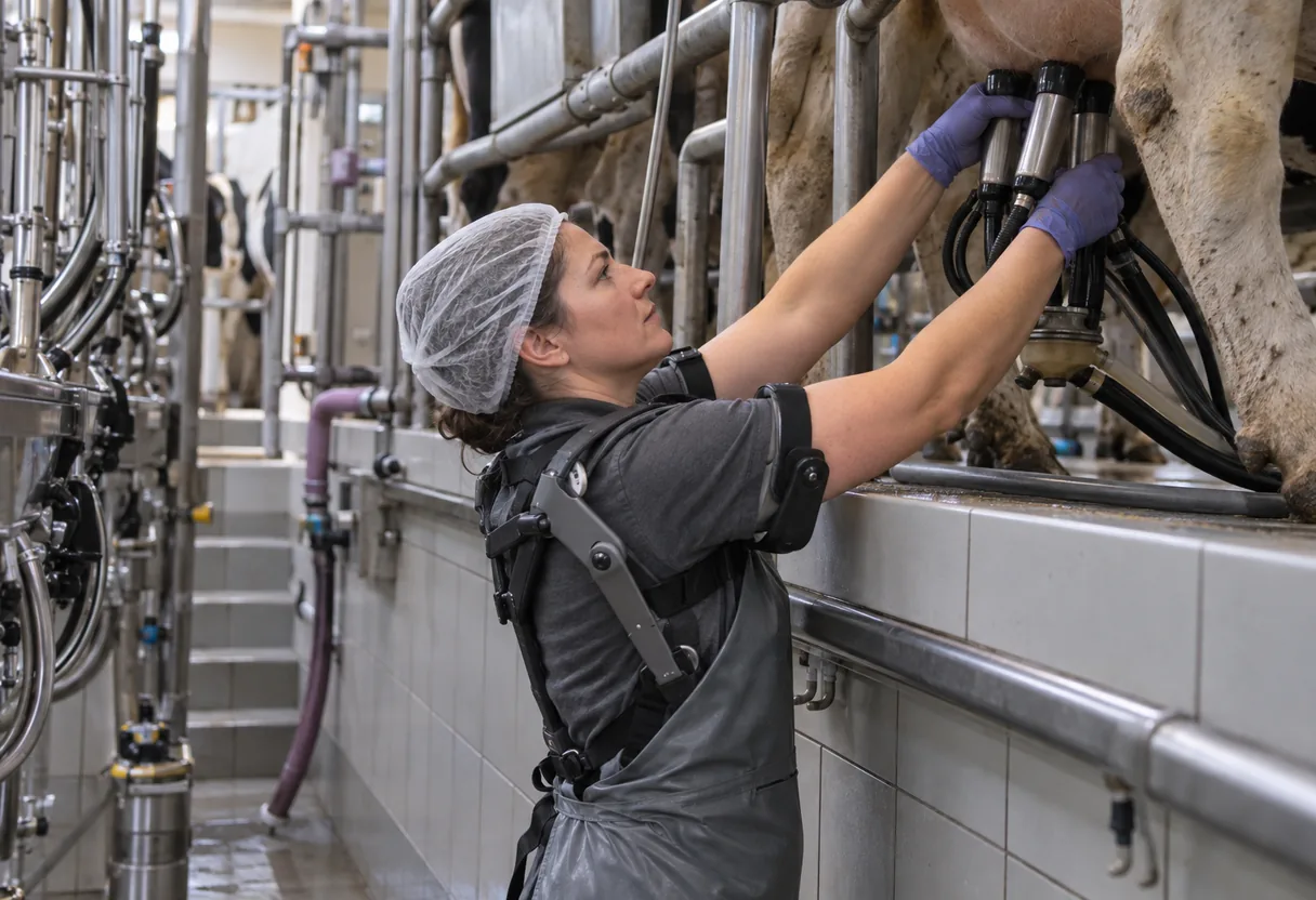 Élevage : la traite en fosse, bras relevés, avec un appui d'épaules Éleveuse équipée d'un exosquelette d'épaules, debout dans une fosse de traite, les bras relevés au-dessus de l'horizontale pour poser un faisceau trayeur