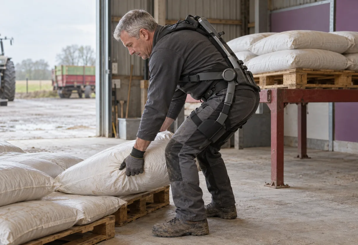 Grandes cultures : la manutention de sacs, buste fléchi, avec un appui de dos Exploitant équipé d'un exosquelette de dos, buste fléchi pour reprendre un sac de semences sur une palette dans un hangar