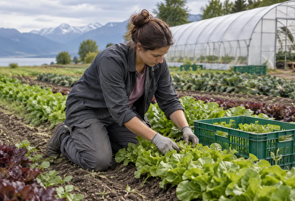 Maraîchage : à genoux, l'exosquelette ne sert à rien Maraîchère à genoux entre des rangs de salades, près d'une serre-tunnel, sans exosquelette, une cagette posée à côté d'elle