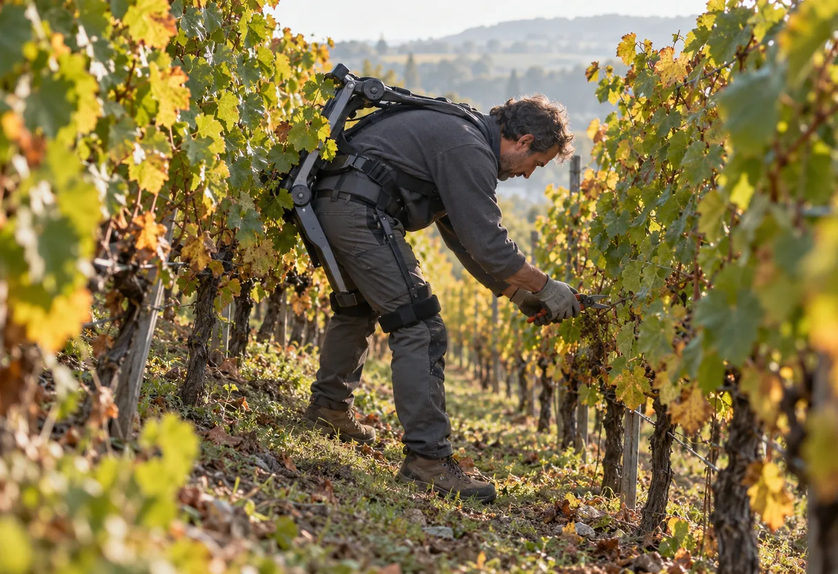 Viticulture : le buste fléchi dans le rang, et la largeur du rang Vigneron équipé d'un exosquelette de dos, buste fléchi dans un rang de vigne étroit, la structure au contact du feuillage