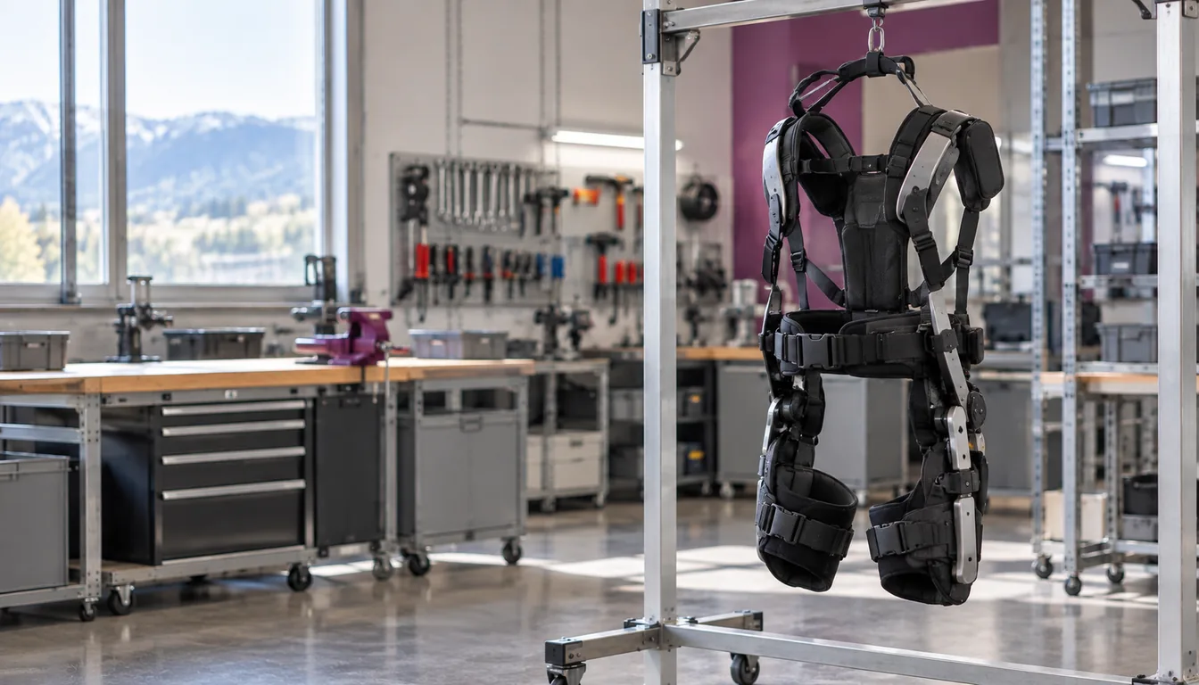 Structure portée couvrant dos, épaules et cuisses, suspendue à un portique d'atelier, sans porteur