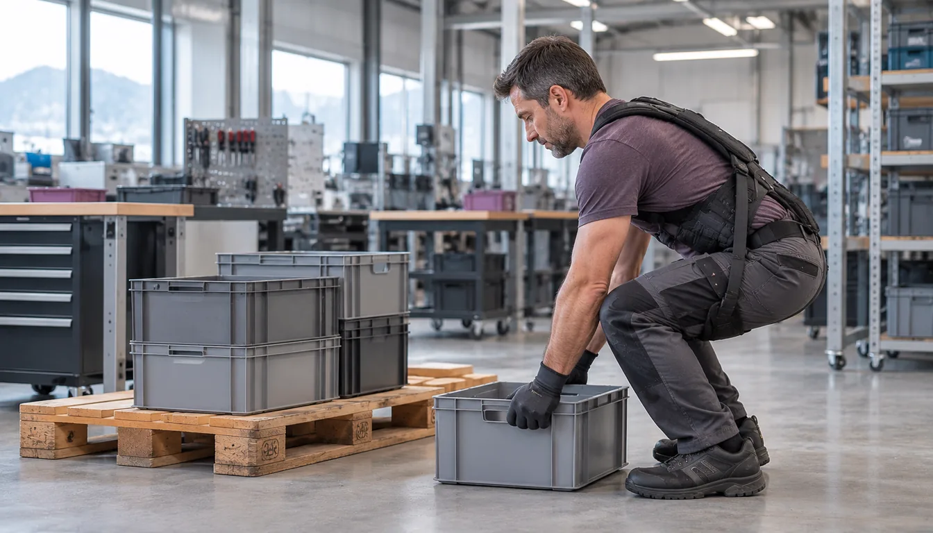 Exosquelette de manutention : reprise de charge au sol dans un atelier suisse (NovaFree) Opérateur de profil portant une structure dorsale souple, reprenant une caisse posée au sol devant une palette entamée