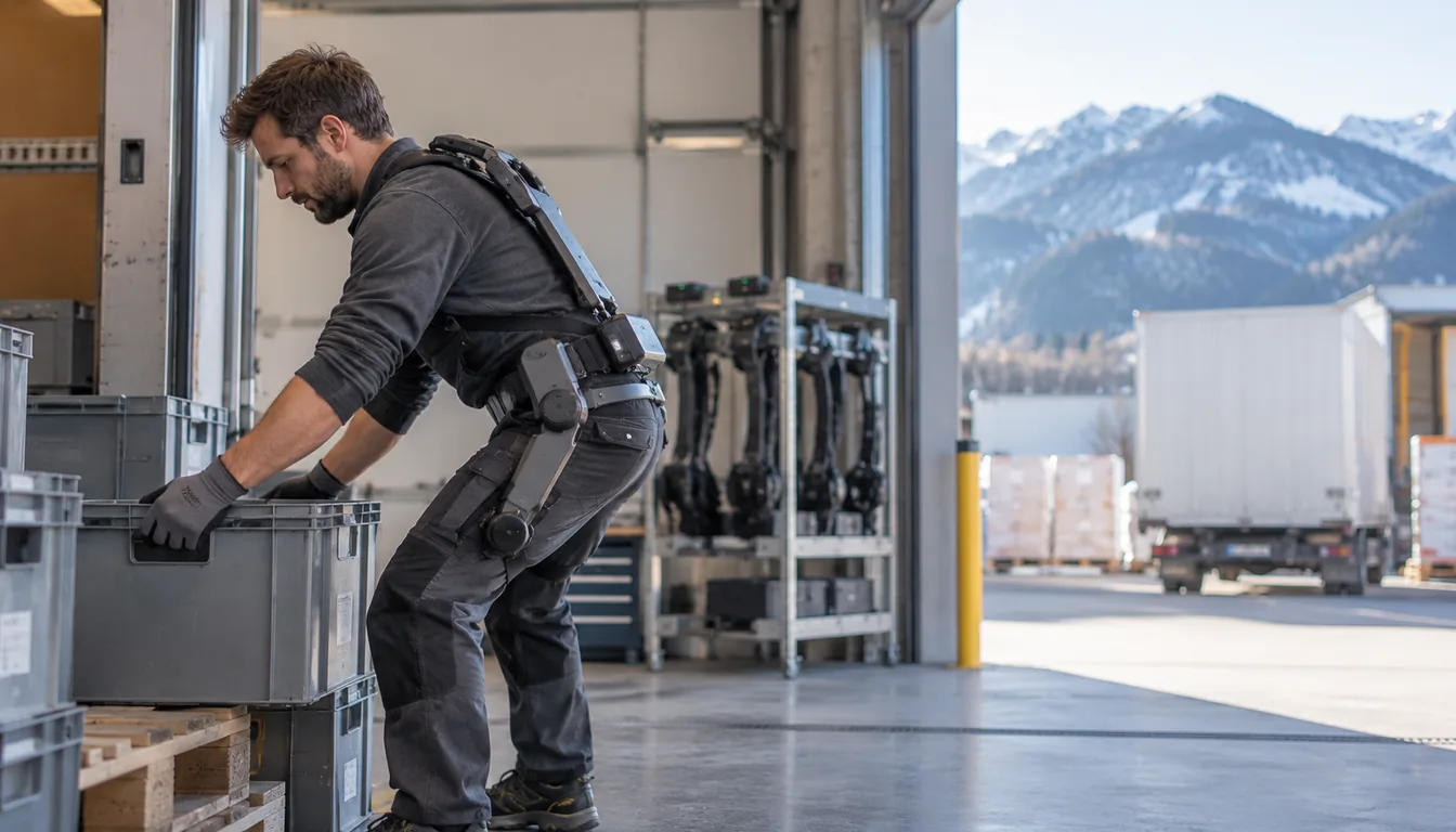 Exosquelettes actifs : ce qu'ils demandent une fois en service (NovaFree) Opérateur portant un dispositif d'assistance motorisé pendant une opération de manutention