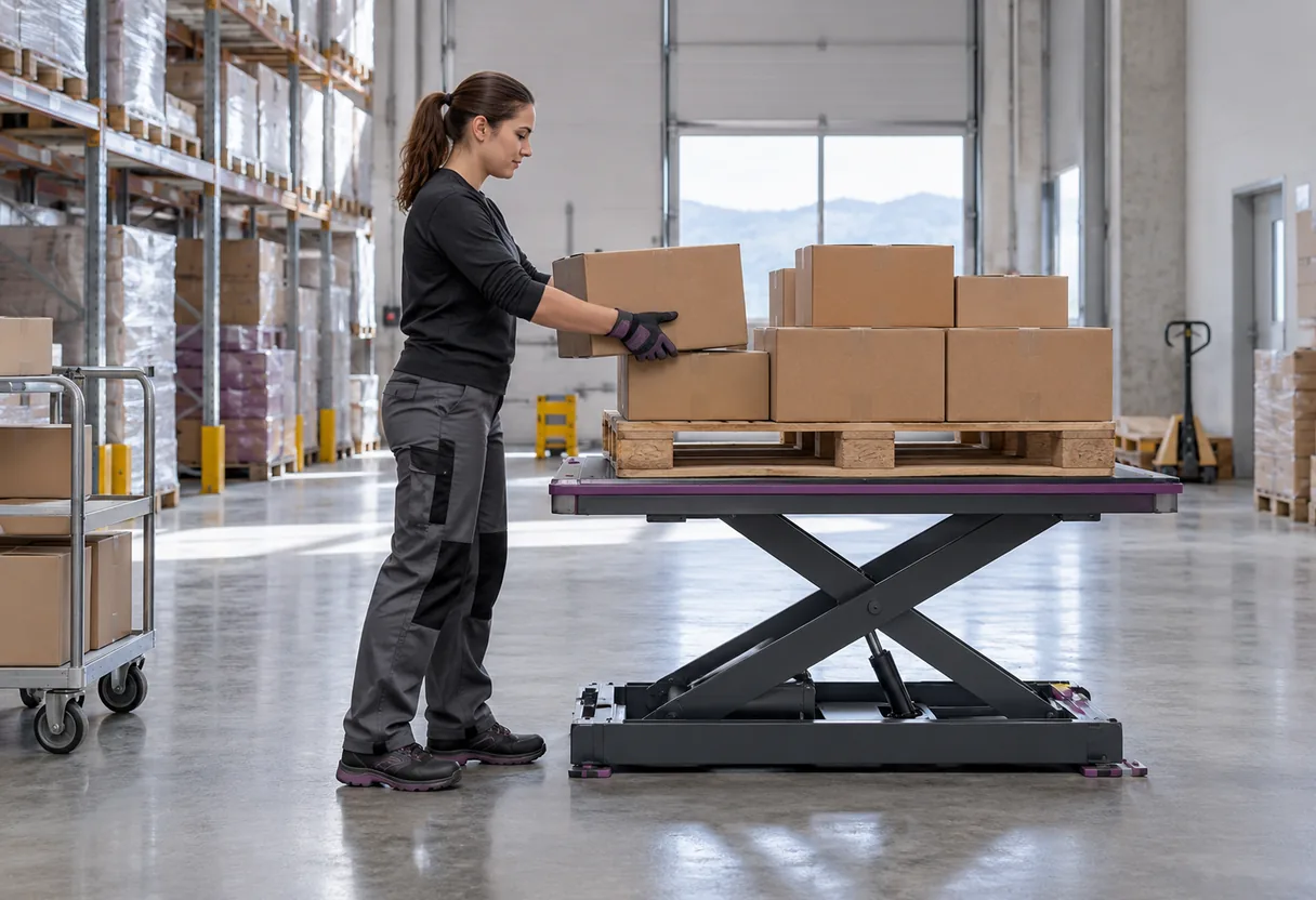 Palette posée sur une table élévatrice, mise à hauteur de hanche pour la préparation