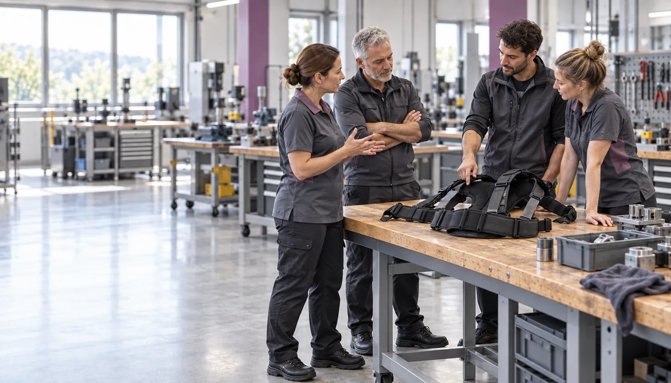 Questions autour d'un exosquelette posé sur un établi d'atelier (NovaFree) Quatre personnes debout autour d'un établi où repose une structure dorsale, en discussion
