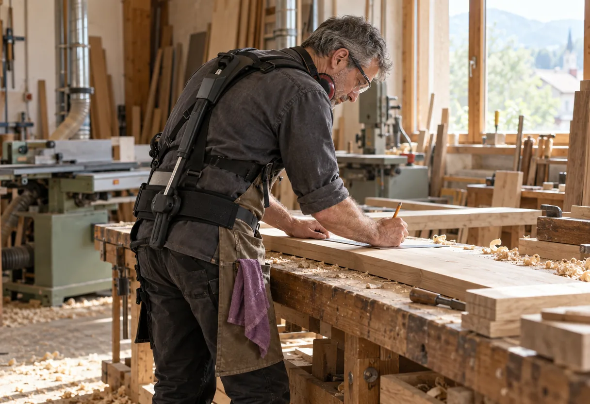 Menuisier d'une cinquantaine d'années portant un exosquelette dorsal passif générique, penché sur son établi pour tracer une planche, seul dans une menuiserie