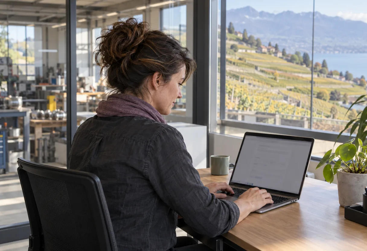 Patronne d'une petite entreprise remplissant un formulaire en ligne sur un ordinateur portable, dans le bureau vitré de son atelier, des coteaux de vigne par la fenêtre