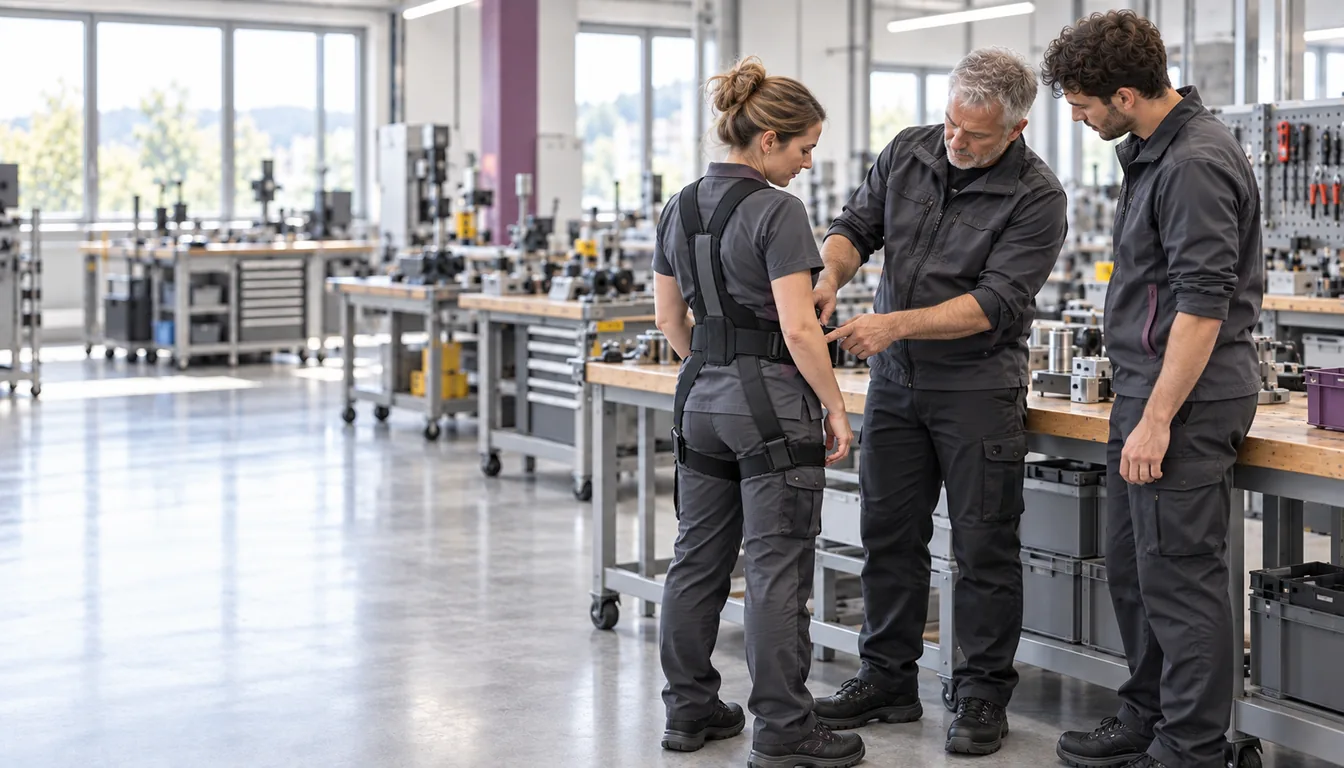 Mise en main d'un exosquelette au poste, avec l'équipe (NovaFree) Trois personnes autour d'un poste de travail, l'une portant une structure dorsale, une autre montrant un point de réglage
