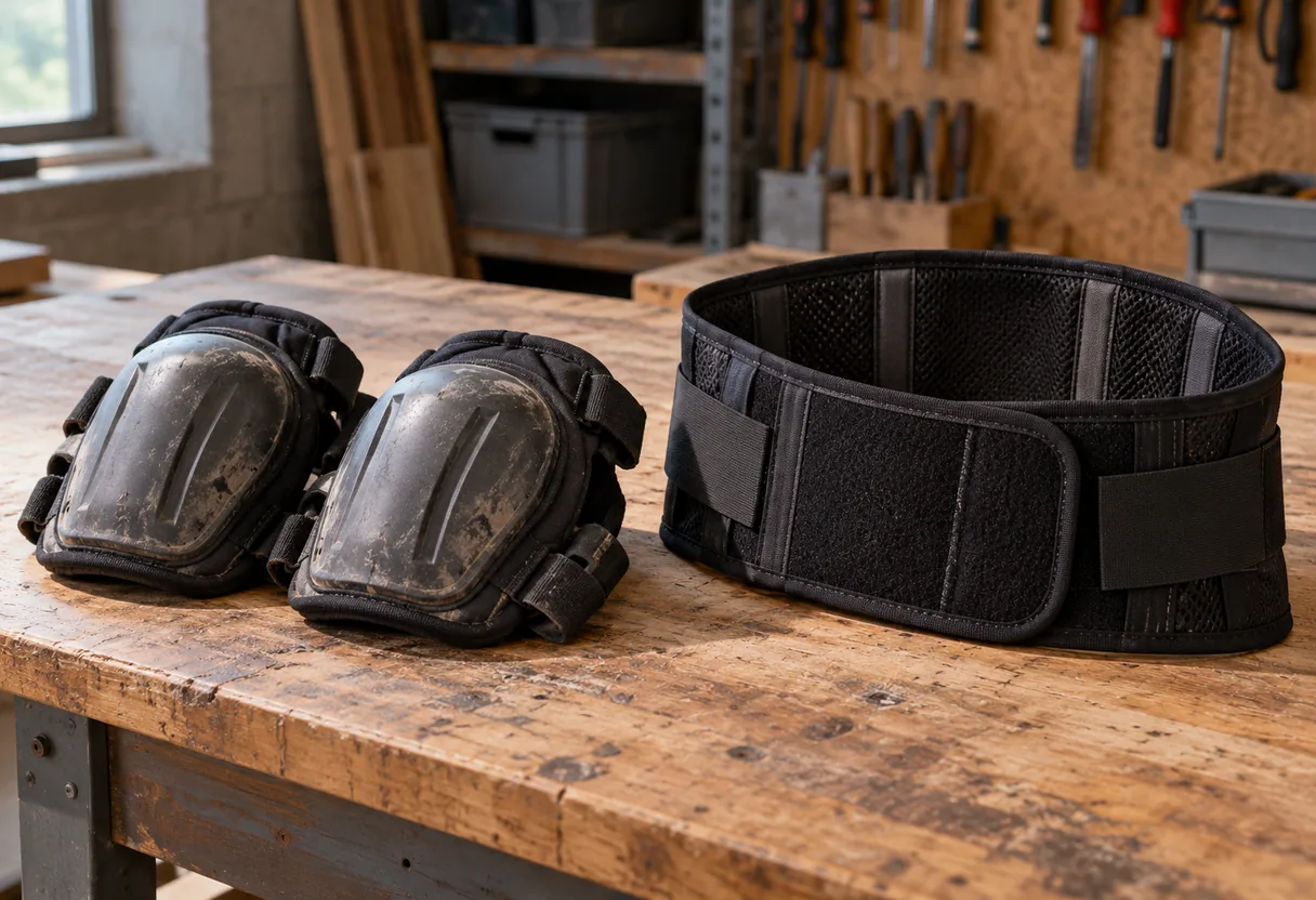 Genouillères et ceinture de maintien posées sur un établi d'atelier Genouillères de travail et ceinture de maintien lombaire posées côte à côte sur un établi