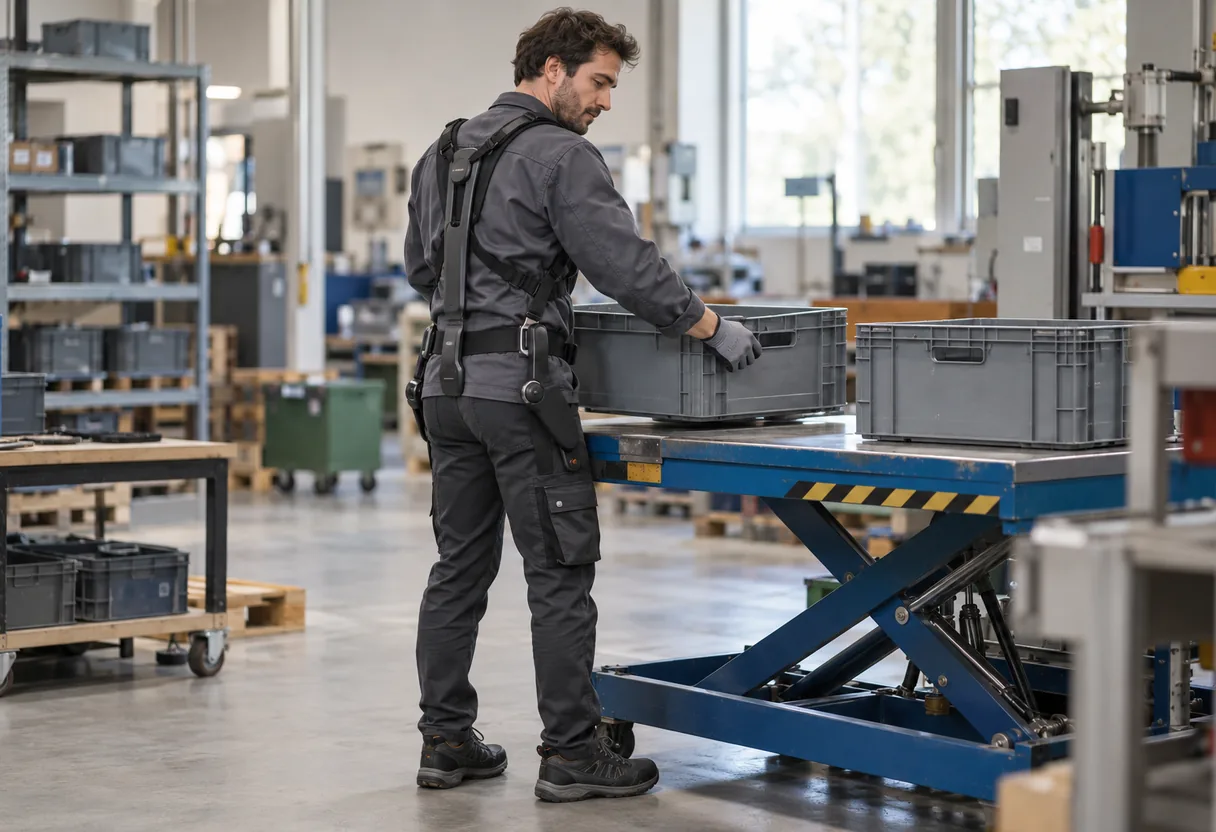 P comme personnel : l'exosquelette, au dernier cran Opérateur portant un exosquelette dorsal passif générique à un poste déjà équipé d'une table élévatrice, reprenant une caisse à hauteur de hanche