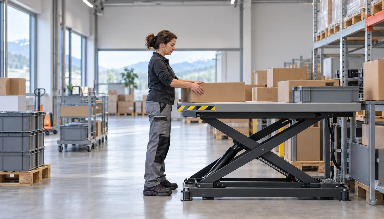 La hiérarchie STOP : équiper la tâche avant d'équiper la personne (NovaFree) Poste de manutention équipé d'une table élévatrice, la charge arrive à hauteur de hanche sans équipement porté