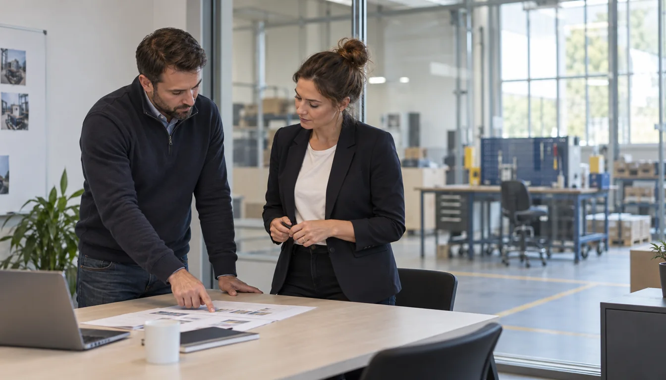 Holentis : le soin individuel commence là où le poste s'arrête (NovaFree) Conseiller en ergonomie et responsable d'équipe discutant devant un poste de travail