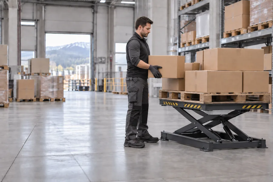 Même préparateur debout, dos droit, prenant la même caisse sur une table élévatrice à hauteur de coudes