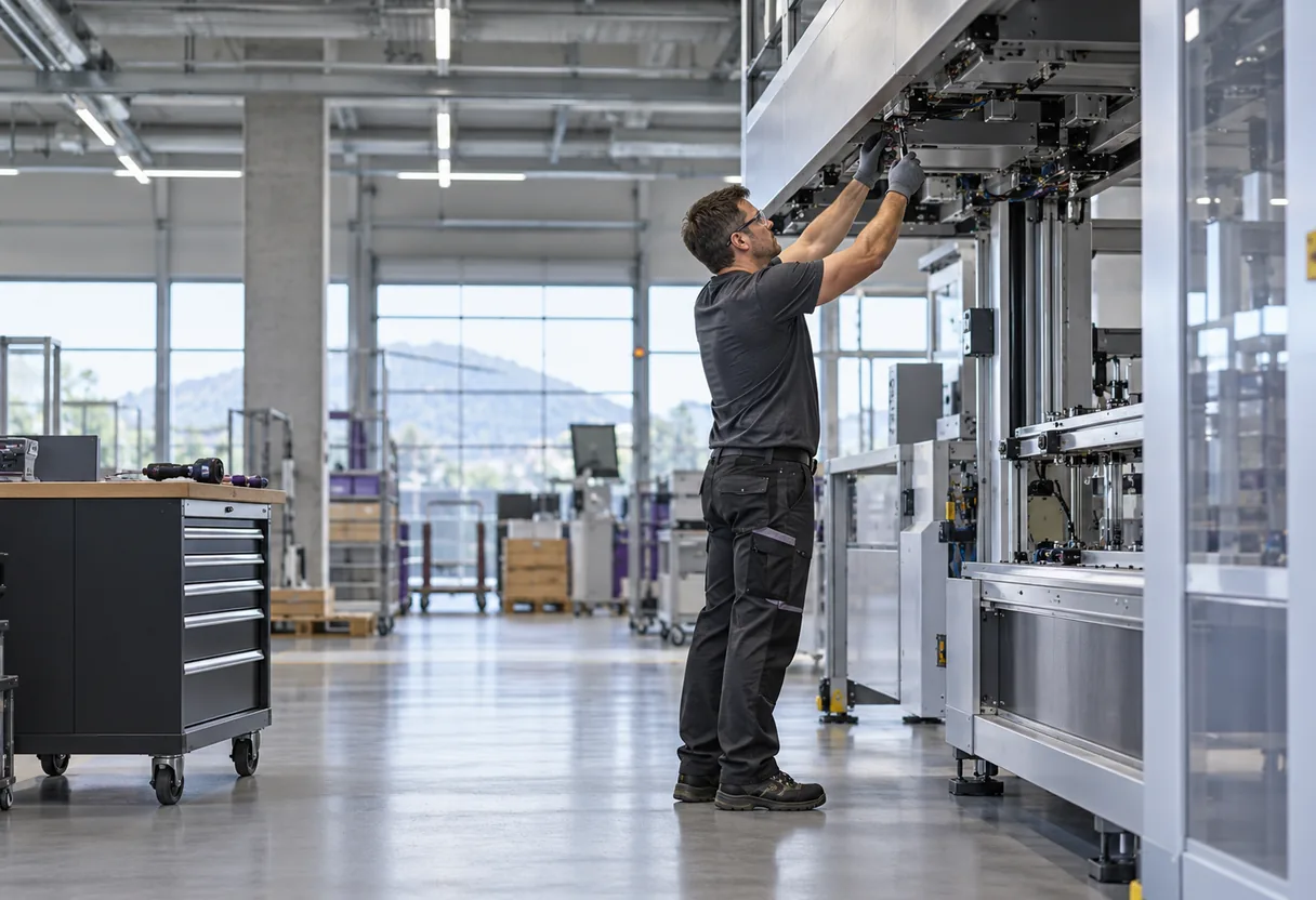 Travail bras levés sur une machine, épaule en tension prolongée Opérateur travaillant les bras au-dessus des épaules devant une machine, posture tenue