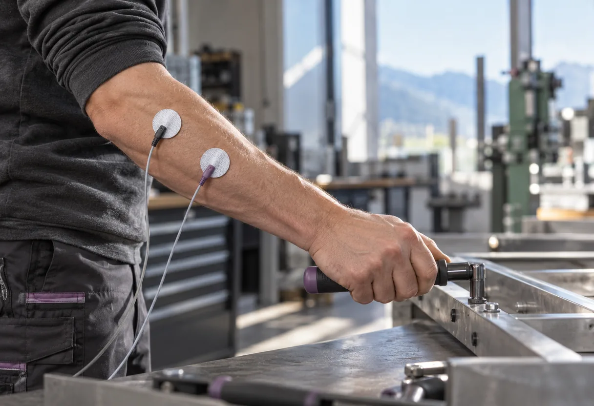 Électromyographie de surface : deux électrodes posées sur l'avant-bras au poste Gros plan sur deux électrodes de surface posées sur un avant-bras, la main tient un outil