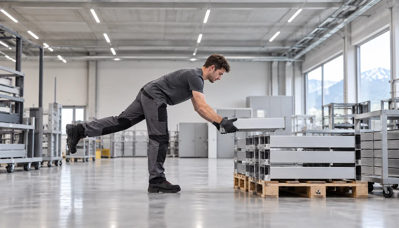 Méthode REBA : cotation du corps entier à un poste de production (NovaFree) Opérateur en appui sur une jambe, tronc fléchi et bras chargés, observé de profil pendant son geste