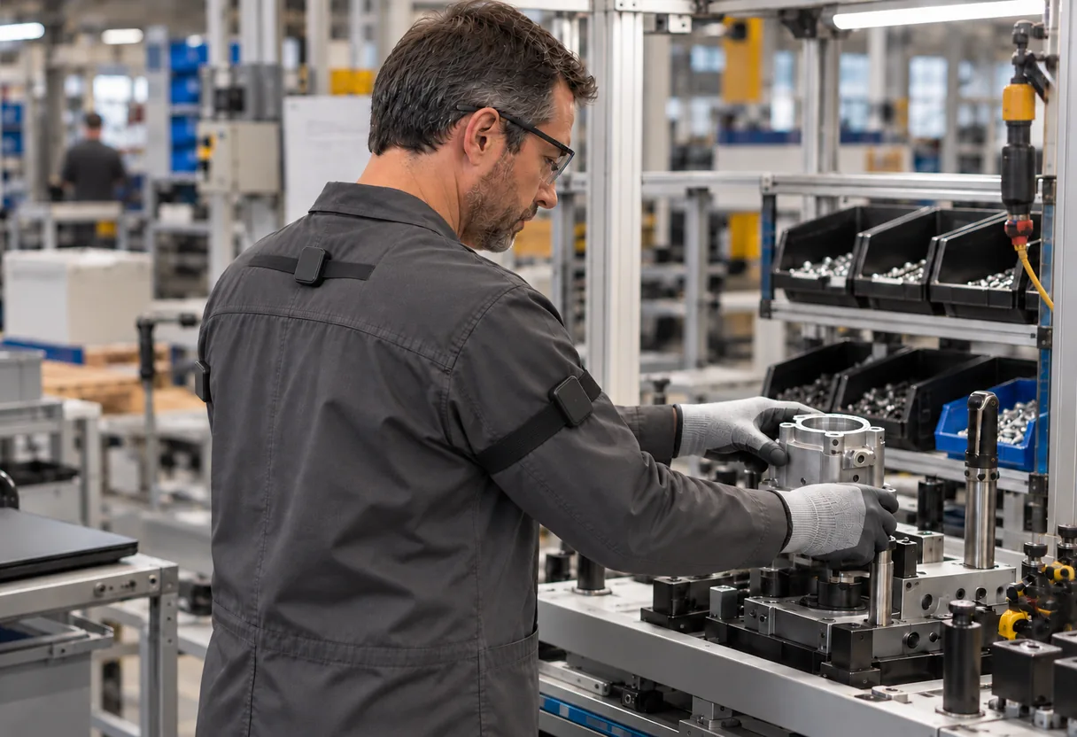 Mesures instrumentales : des capteurs de mouvement portés pendant le travail Opérateur portant de petits capteurs de mouvement fixés par des sangles sur le dos et les bras, en train de travailler à une ligne de montage