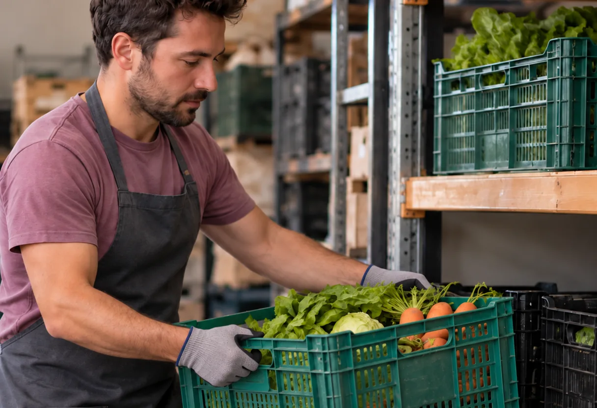 Équation NIOSH : la position de la charge, la fréquence et la prise Employé d'un magasin de producteurs posant une caisse de légumes à poignées sur une étagère, les mains dans les poignées
