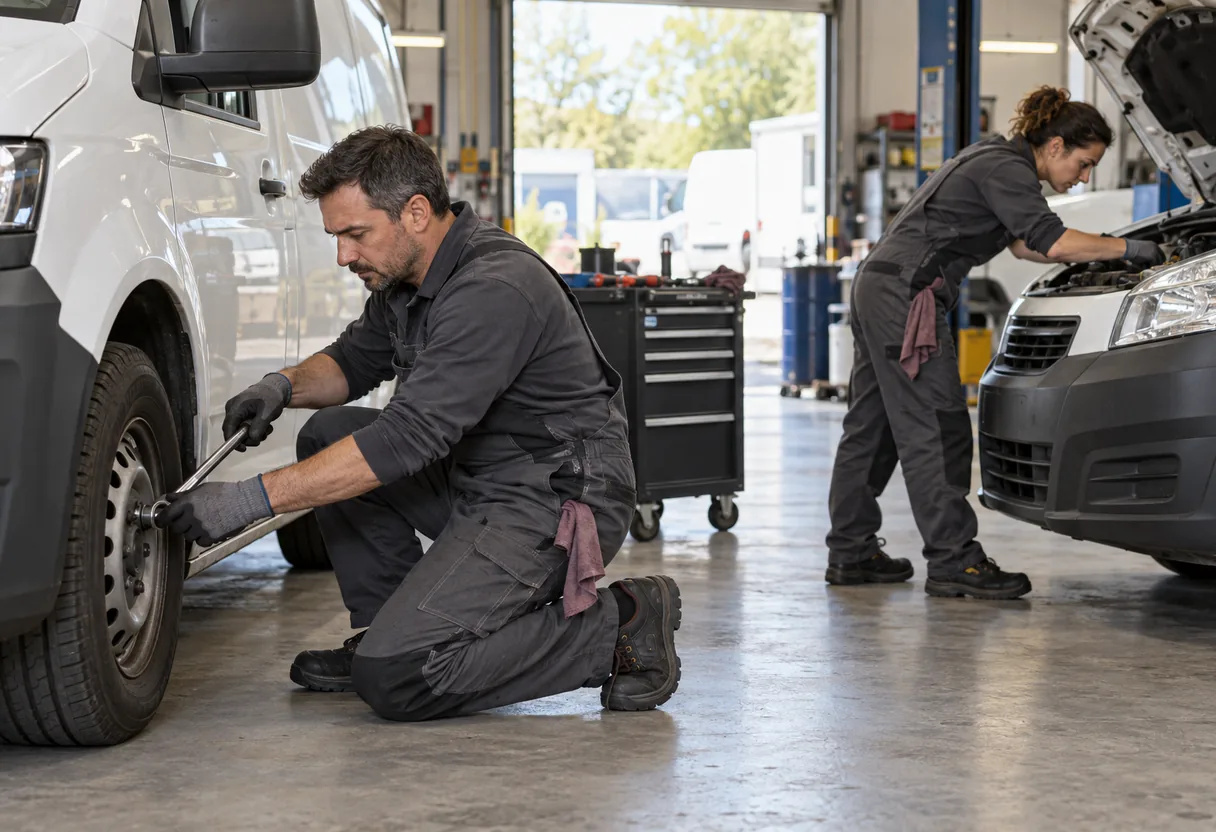 OWAS : les postures d'un poste qui change sans cesse Mécanicien agenouillé près de la roue d'une camionnette dans un dépôt de maintenance, une collègue penchée dans un compartiment moteur au second plan