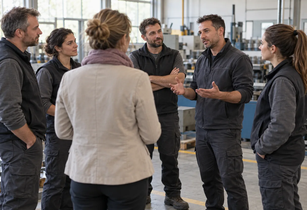 Questionnaire nordique : demander à l'équipe où ça fait mal Petite équipe d'atelier debout en cercle pendant une pause, une conseillère en ergonomie vue de dos écoute un opérateur qui parle