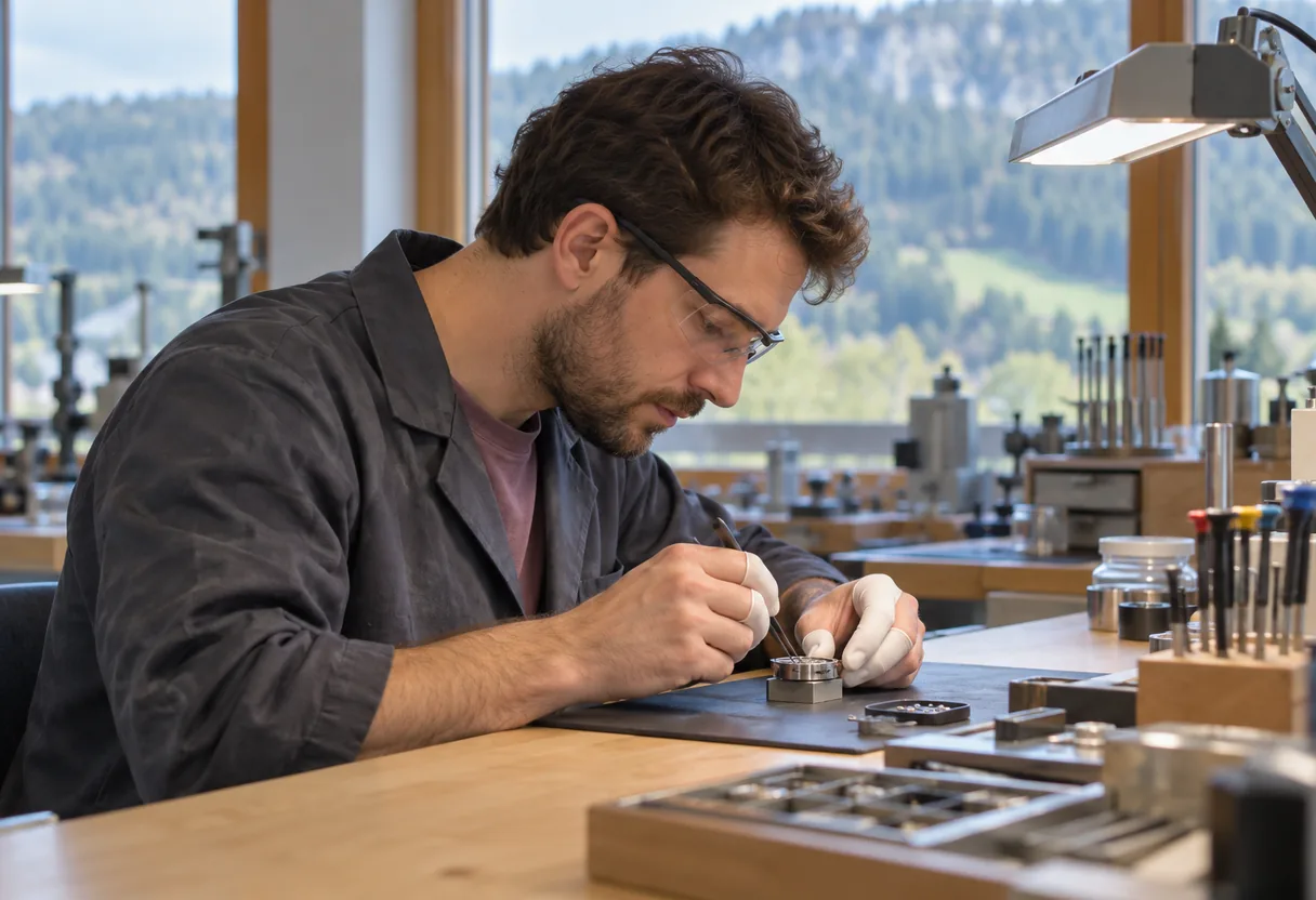 RULA : la nuque, les bras et les poignets d'un geste qui revient Opérateur de micromécanique assis à un établi, la nuque fléchie et les poignets pliés sur une petite pièce, dans un atelier clair